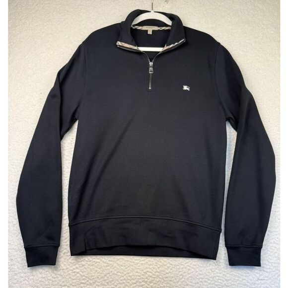 Burberry Sweater Mens Medium Half Zip Pullover Nova Check Collar Black Knight - Picture 1 of 9